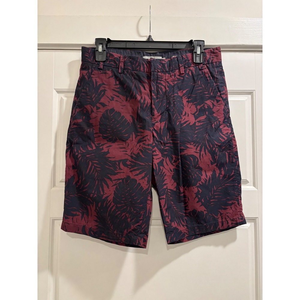 Vince Mens Burgundy Black Tropical Leaf Print Cotton Chino Shorts Size 28